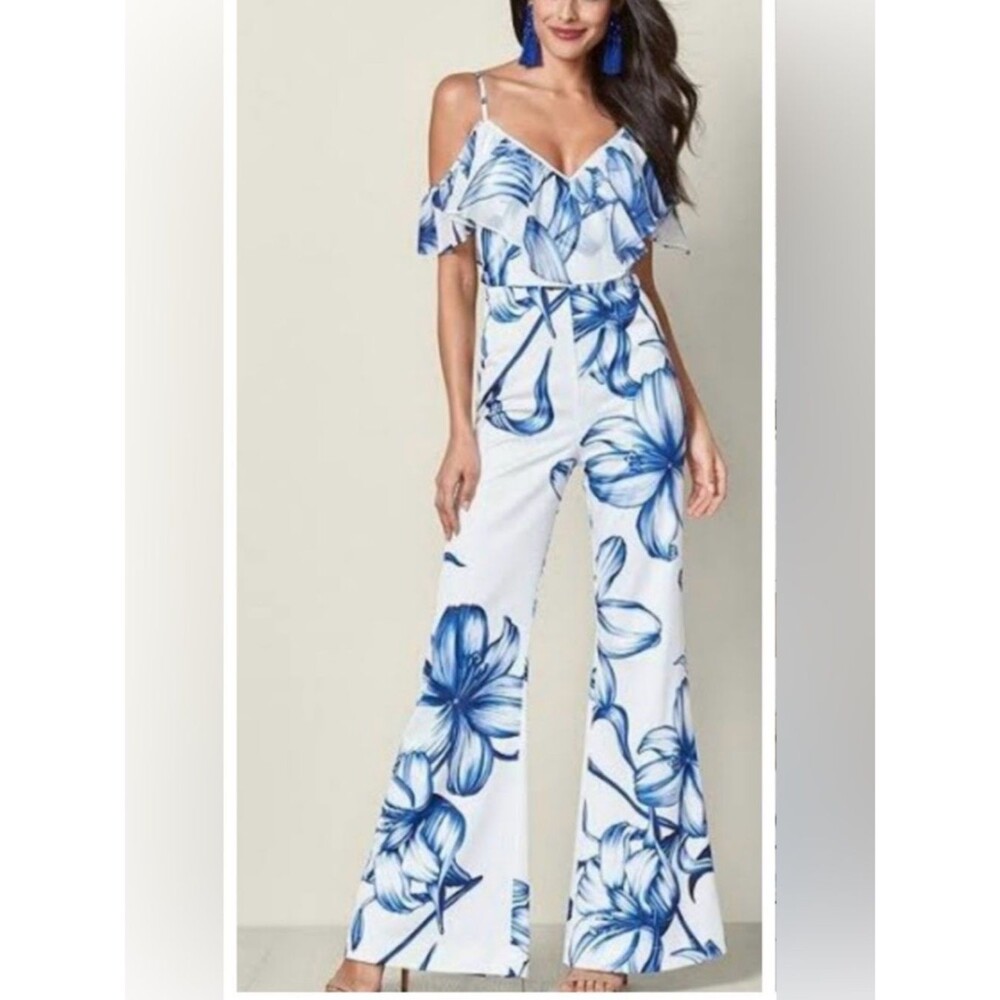 VENUS Jumpsuit V neck Line w Ruffle - Flare Leg White & Blue Floral Print Size 4